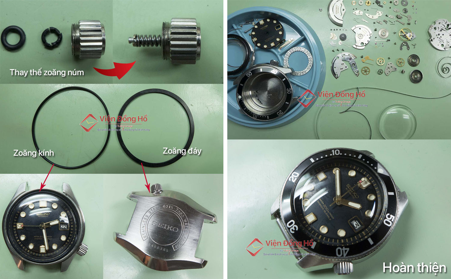Zoăng núm được thay mới, zoăng kính và zoăng đáy của đồng hồ Seiko được tra silicon bảo dưỡng đảm bảo độ chống nước. Đồng thời đồng hồ cũng được bảo dưỡng lau dầu toàn bộ.