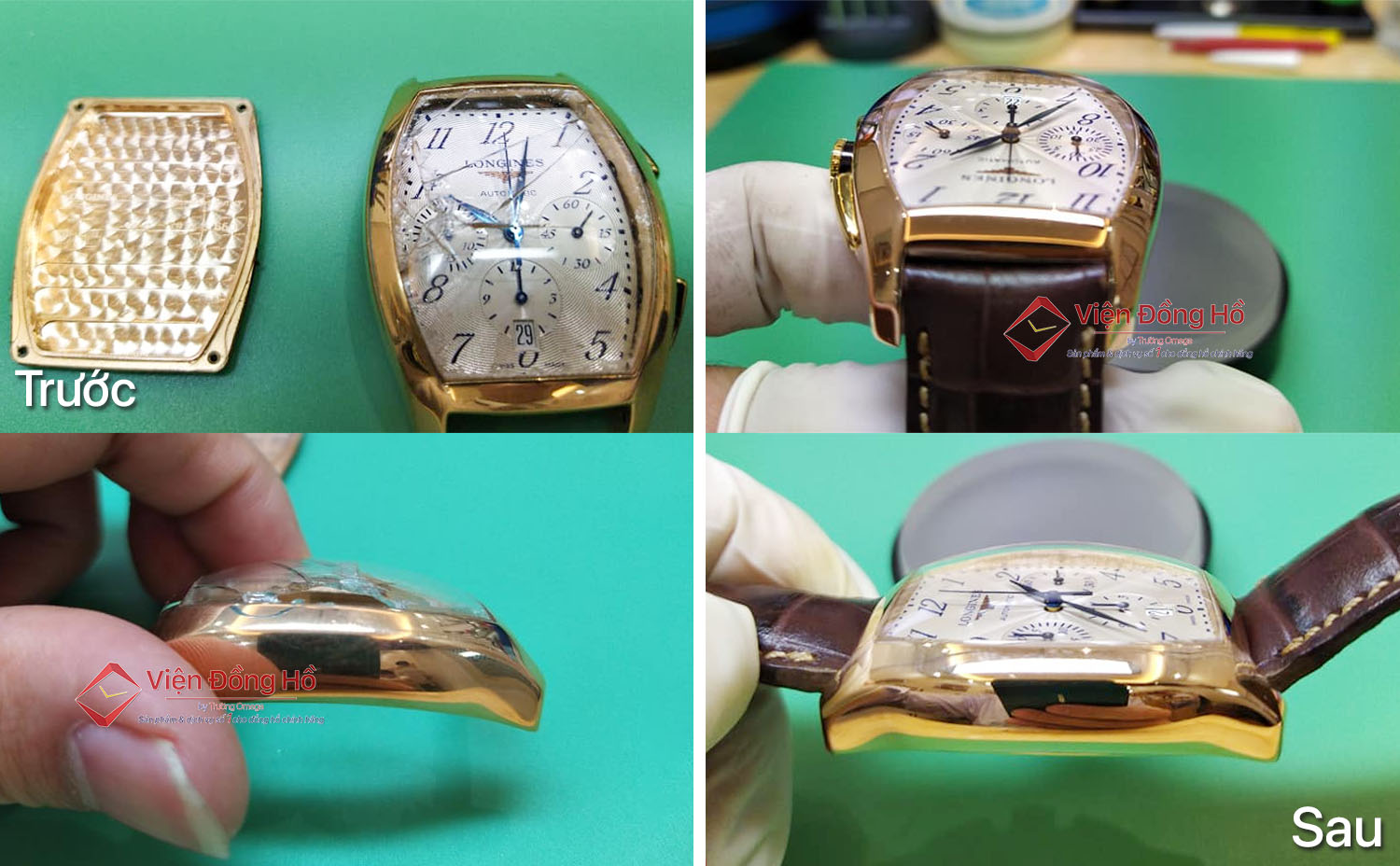 Thay mặt kính sapphire chính hãng cho đồng hồ Longines vỏ vàng khối 18K.