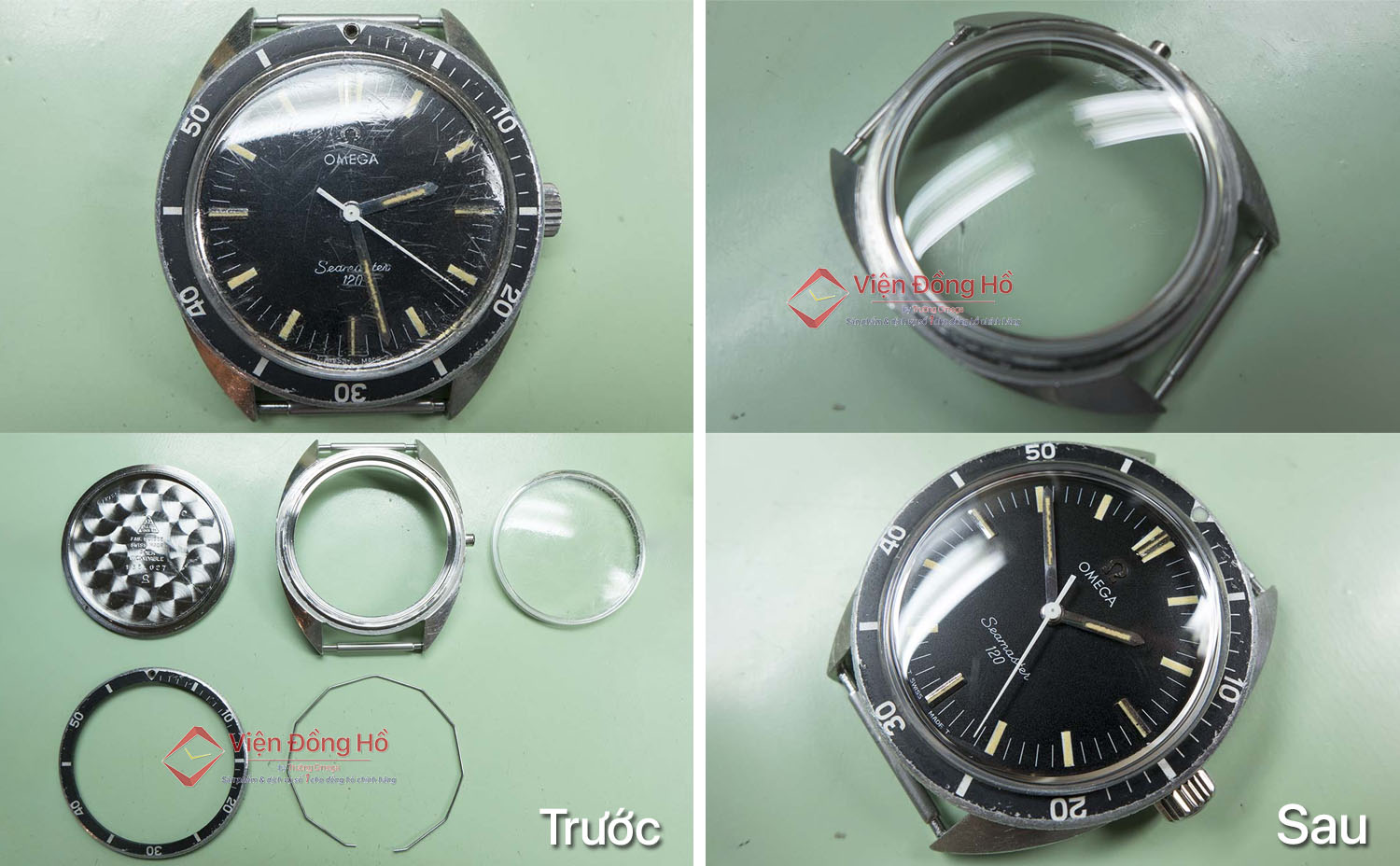 Thay mặt kính mica cho đồng hồ Omega Seamaster 150. Giá kính hãng khoảng 200$ còn kính thay thế giá 600.000đ (thời giá năm 2020)