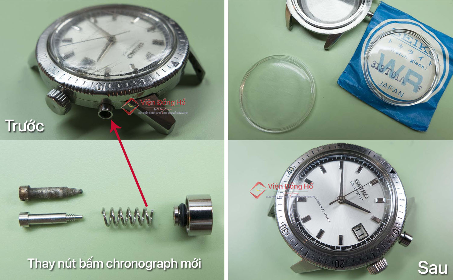 Thay mặt kính mica và nút bấm chrono cho đồng hồ Seiko Chronograph